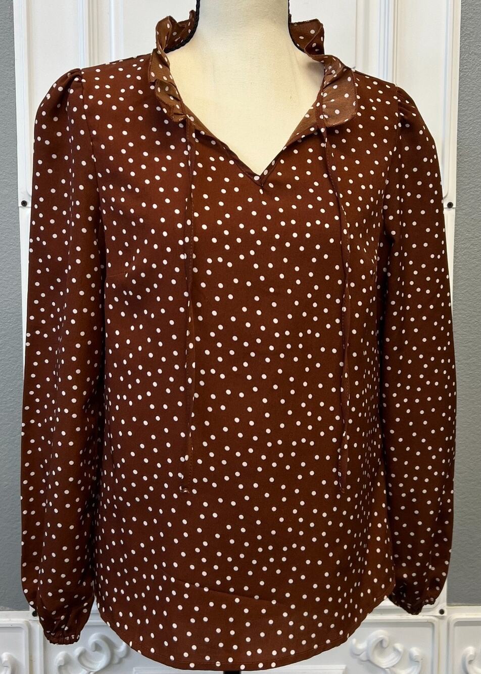 SHEIN Brown White Polka Dot Ruffle Neck Tie Blouse – Women’s Small